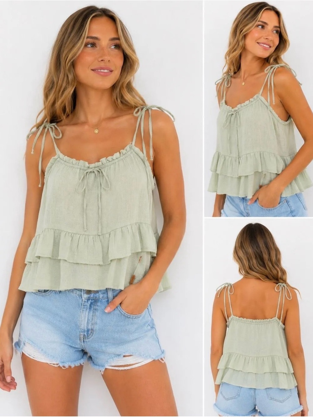 Blu Pepper Sage Green Ruffle Tiered Tie-Shoulder Tank